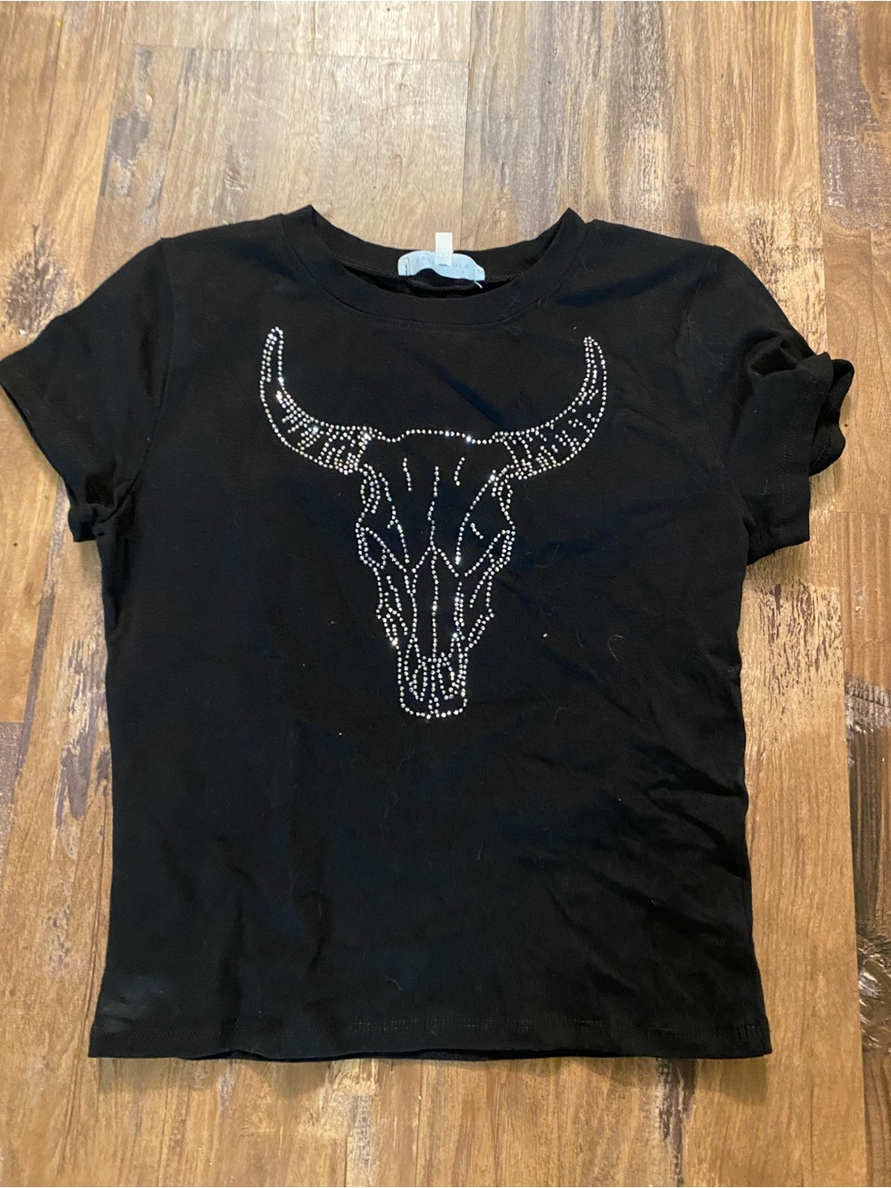 Bear Dance Rhinestone Bull Skull Baby Tee Black Western Y2K Crop Size S NWOT